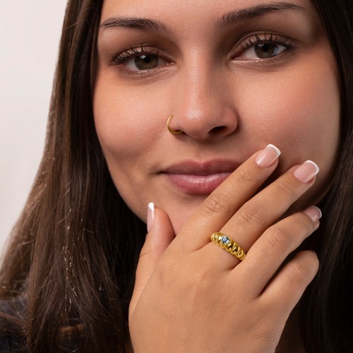Croissant Dome Ring with Heart Gemstone – 18K Gold Plated Silver with Ruby