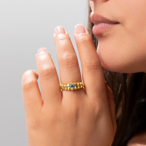 Croissant Dome Ring with Heart Gemstone – 18K Gold Plated Silver with Ruby