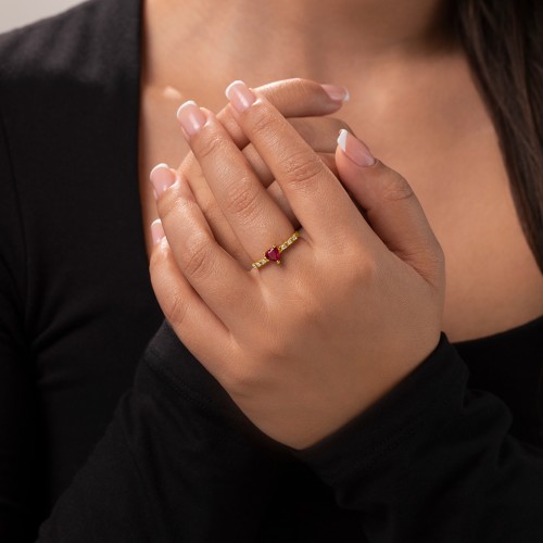 Solitaire Heart Gemstone Ring with Side Accent Stones – 18K Gold Plated Silver with Alexandrite and Amethyst