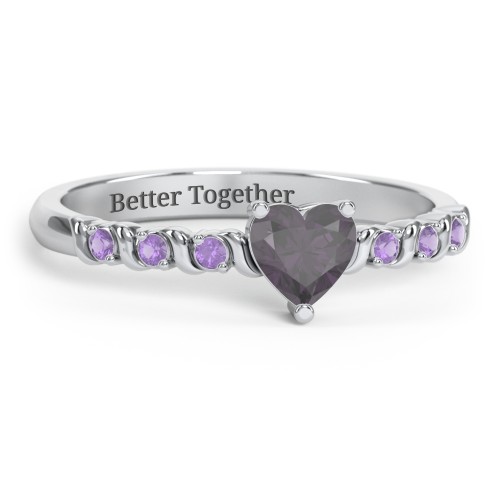 Solitaire Heart Gemstone Ring with Side Accent Stones – Sterling Silver with Alexandrite and Amethyst