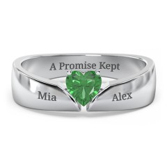 Solitaire Heart Gemstone Ring with Tapered Wide Band – Sterling Silver with Emerald
