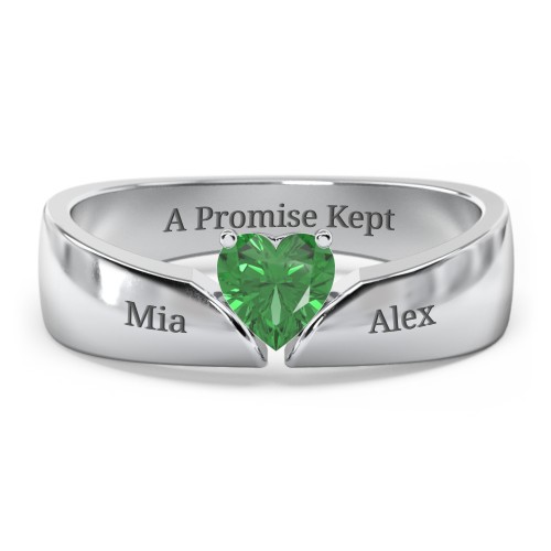 Solitaire Heart Gemstone Ring with Tapered Wide Band – Sterling Silver with Emerald