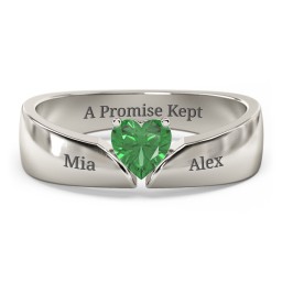 Solitaire Heart Gemstone Ring with Tapered Wide Band in 10K Solid White Gold with Emerald