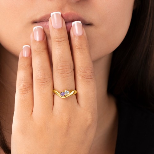 Tilted Double Heart Gemstone Ring with Curved Band – Sterling Silver with Blue Topaz and Pink Tourmaline