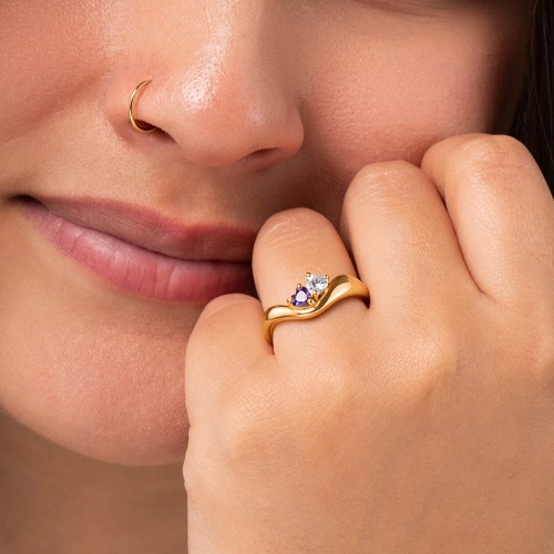 Tilted Double Heart Gemstone Ring with Curved Band – Sterling Silver with Blue Topaz and Pink Tourmaline