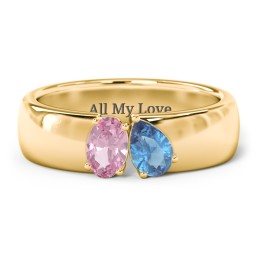Toi et Moi Oval and Pear Gemstone Ring with Wide Band in 10K Solid Yellow Gold with Pink Tourmaline and Blue Topaz