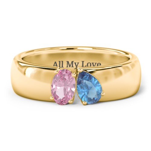 Toi et Moi Oval and Pear Gemstone Ring with Wide Band – 10K Yellow Gold with Pink Tourmaline and Blue Topaz
