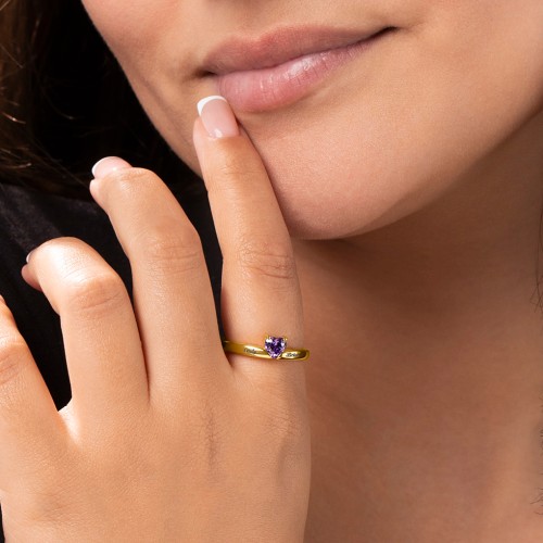 Solitaire Heart Gemstone Ring with Engravable Band – 18K Gold Plated Silver with Garnet