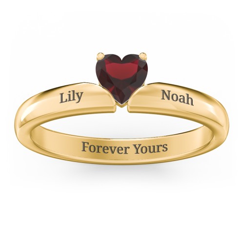 Solitaire Heart Gemstone Ring with Engravable Band – 18K Gold Plated Silver with Garnet