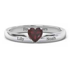 Solitaire Heart Gemstone Ring with Engravable Band – Sterling Silver with Garnet