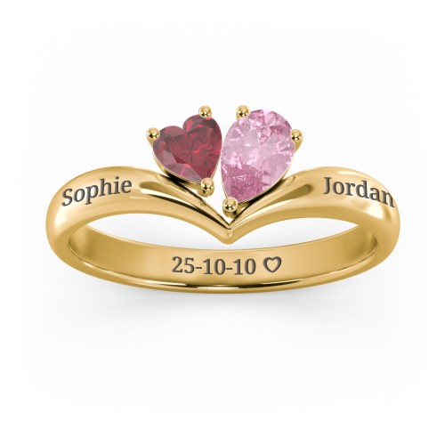 Toi et Moi Heart and Pear Gemstone Ring with V-Shape Band