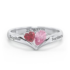 Toi et Moi Heart and Pear Gemstone Ring with V-Shape Band – 18K Gold Plated Silver with Ruby and Pink Tourmaline