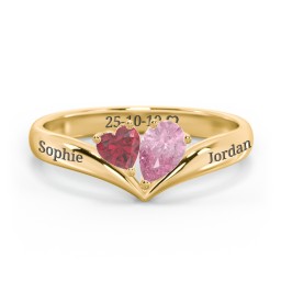 Toi et Moi Heart and Pear Gemstone Ring with V-Shape Band in 18K Gold Plated Silver with Ruby and Pink Tourmaline