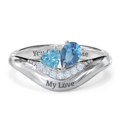 Toi et Moi Heart and Pear Gemstone Ring with Curved Band and Accent Stones – 18K Gold Plated Silver with Blue Topaz and Fancy Blue Premium Zirconia