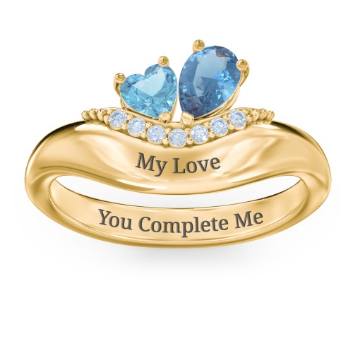 Toi et Moi Heart and Pear Gemstone Ring with Curved Band and Accent Stones – 18K Gold Plated Silver with Blue Topaz and Fancy Blue Premium Zirconia