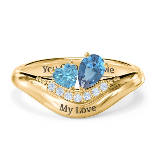 Toi et Moi Heart and Pear Gemstone Ring with Curved Band and Accent Stones – 18K Gold Plated Silver with Blue Topaz and Fancy Blue Premium Zirconia