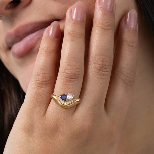 Toi et Moi Heart and Pear Gemstone Ring with Curved Band and Accent Stones – Sterling Silver with Blue Topaz and Fancy Blue Premium Zirconia