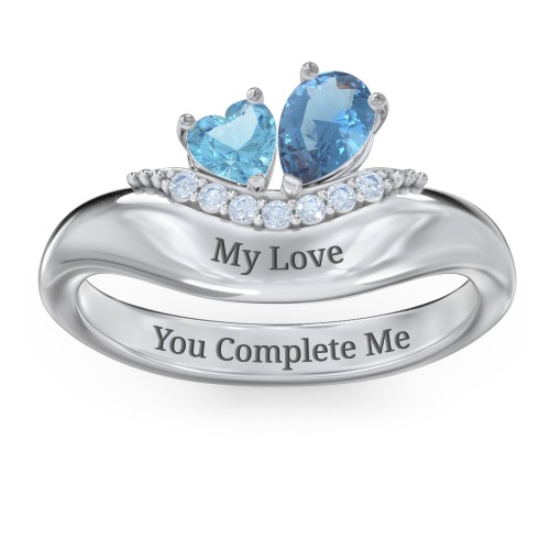 Toi et Moi Heart and Pear Gemstone Ring with Curved Band and Accent Stones – Sterling Silver with Blue Topaz and Fancy Blue Premium Zirconia