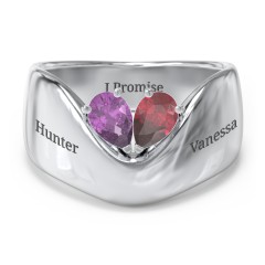 Toi et Moi Pear Gemstone Ring with Wide Curved Band – 10K White Gold with Amethyst and Ruby