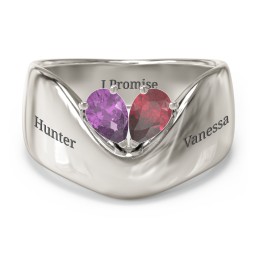 Toi et Moi Pear Gemstone Ring with Wide Curved Band in 10K Solid White Gold with Amethyst and Ruby