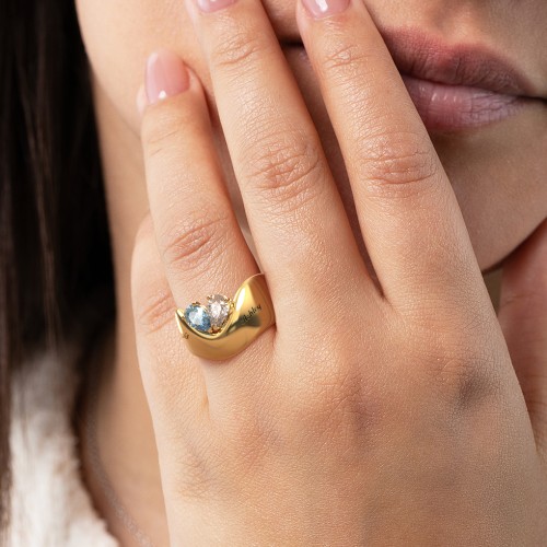 Toi et Moi Pear Gemstone Ring with Wide Curved Band – 10K White Gold with Amethyst and Ruby