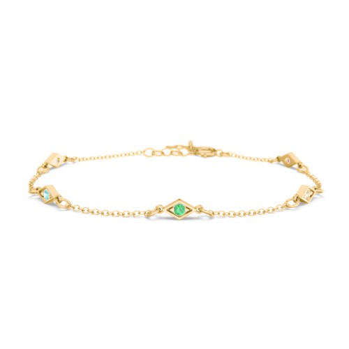 Diamond Shape Charm Bracelet with Gemstones – 10K Yellow Gold with Amethyst, Mint Premium Zirconia, Emerald, Citrine, and Garnet