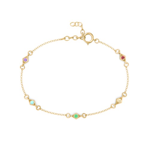 Diamond Shape Charm Bracelet with Gemstones – 10K Yellow Gold with Amethyst, Mint Premium Zirconia, Emerald, Citrine, and Garnet