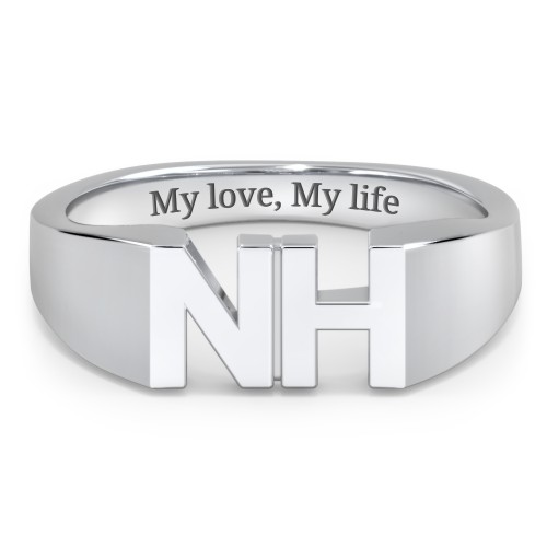Men's Double Initial Signet Ring – 10K White Gold