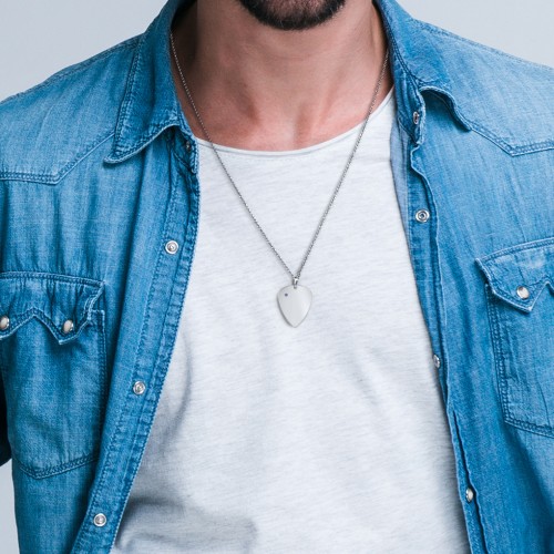 Men's Engravable Guitar Pick Necklace with Gemstone – 10K White Gold with Blue Sapphire