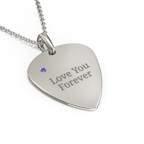 Men's Engravable Guitar Pick Necklace with Gemstone – 10K White Gold with Blue Sapphire