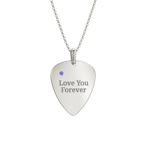 Men's Engravable Guitar Pick Necklace with Gemstone – 10K White Gold with Blue Sapphire