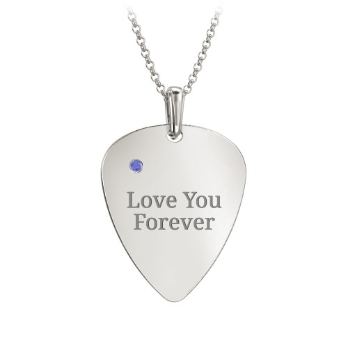 Men's Engravable Guitar Pick Necklace with Gemstone – 10K White Gold with Blue Sapphire