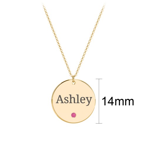Engravable Disc Pendant with Birthstone – 10K Yellow Gold with Ruby