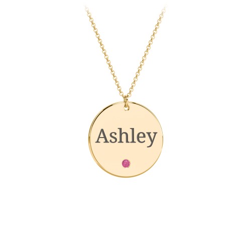Engravable Disc Pendant with Birthstone – 10K Yellow Gold with Ruby