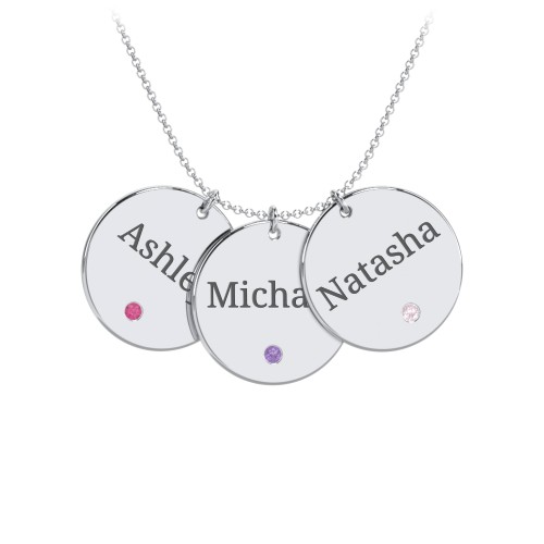 Engravable 3 Disc Pendant with Birthstone – Sterling Silver with Ruby, Amethyst, and Pink Tourmaline