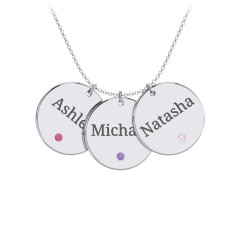 Engravable 3 Disc Pendant with Birthstone – 10K White Gold with Ruby, Amethyst, and Pink Tourmaline