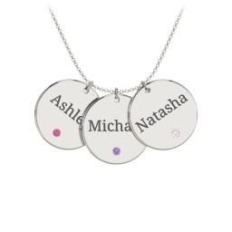 Engravable 3 Disc Pendant with Birthstone in 10K Solid White Gold with Ruby, Amethyst Premium Zirconia, and Pink Tourmaline