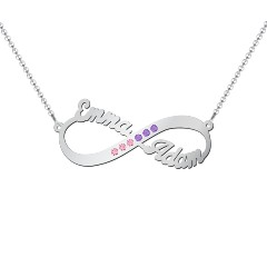 Infinity Name Necklace with Accents – Sterling Silver with Fancy Pink Premium Zirconia and Amethyst Premium Zirconia