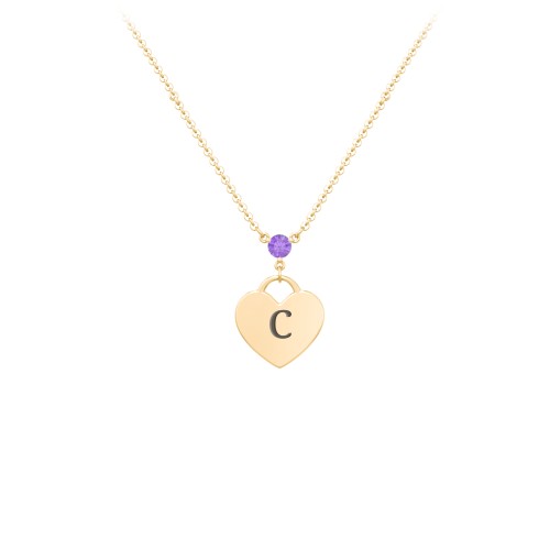 Engravable Heart Necklace with Birthstone – 10K Yellow Gold with Amethyst