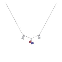 Initials Necklace with Double Heart Gemstones – 10K Rose Gold with Ruby and Blue Sapphire