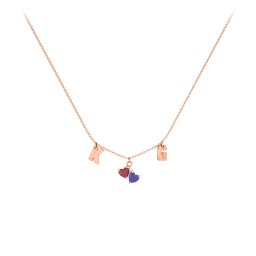 Initials Necklace with Double Heart Gemstones in 10K Solid Rose Gold with Ruby and Blue Sapphire