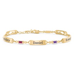 Engravable Family Bracelet with Baguette Birthstones (1-5 Stones) in 10K Solid Yellow Gold with Ruby, Amethyst, Pink Tourmaline, Blue Sapphire, and Citrine
