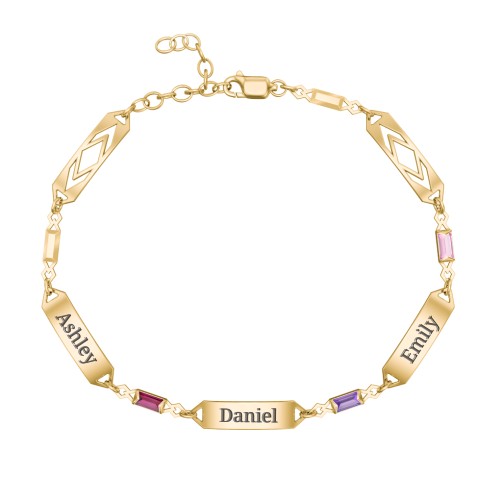 Engravable Family Bracelet with Baguette Birthstones (1-5 Stones) – 10K Yellow Gold with Ruby, Amethyst, and Pink Tourmaline