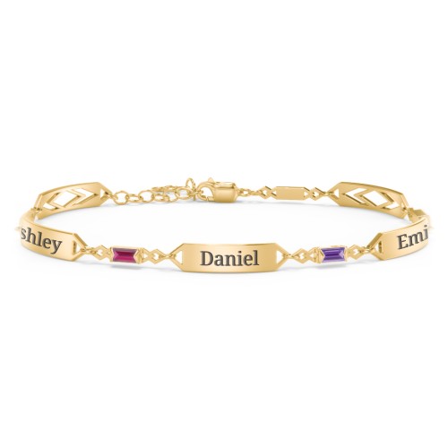 Engravable Family Bracelet with Baguette Birthstones (1-5 Stones) – 10K Yellow Gold with Ruby, Amethyst, and Pink Tourmaline
