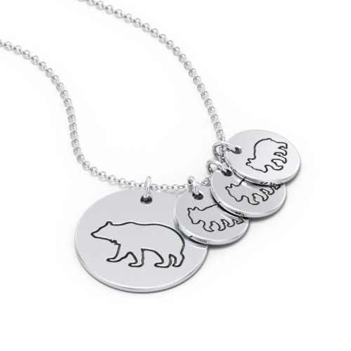 Engravable Mama Bear & 3 Cub Disc Necklace – 10K White Gold