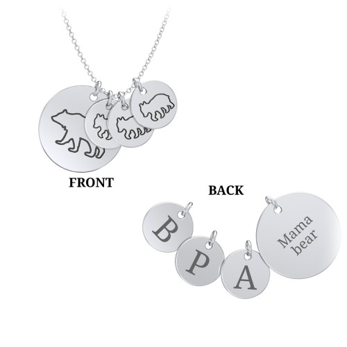 Engravable Mama Bear & 3 Cub Disc Necklace – 10K White Gold