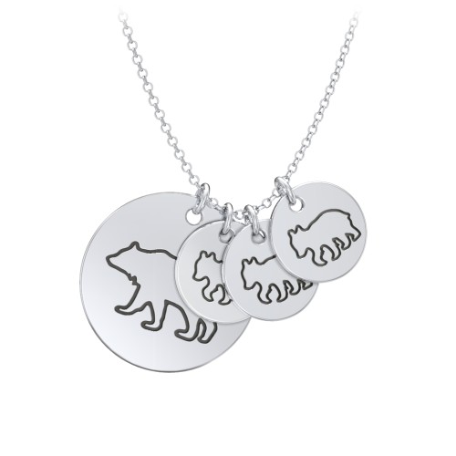 Engravable Mama Bear & 3 Cub Disc Necklace – 10K White Gold
