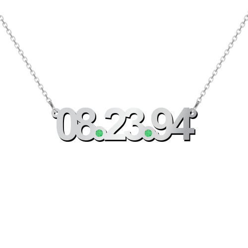 Date Necklace with Birthstones – 10K White Gold with Emerald