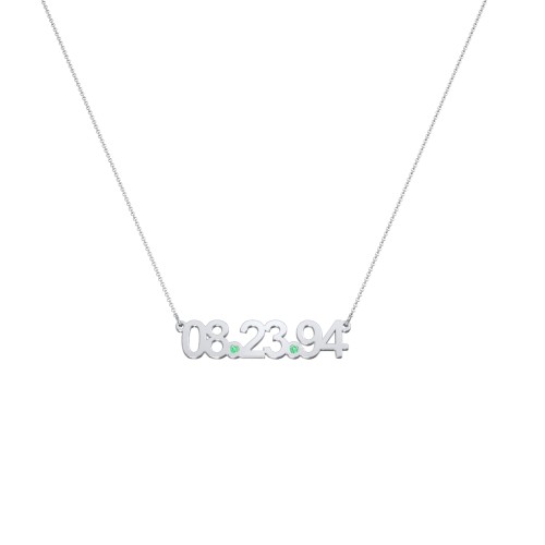 Date Necklace with Birthstones – 10K White Gold with Emerald
