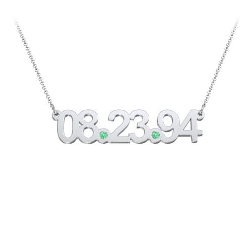 Date Necklace with Birthstones – 10K White Gold with Emerald